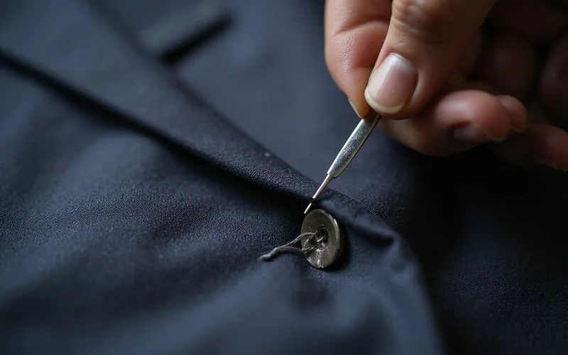 Hand sewn buttonhole in progress with needle and silk thread