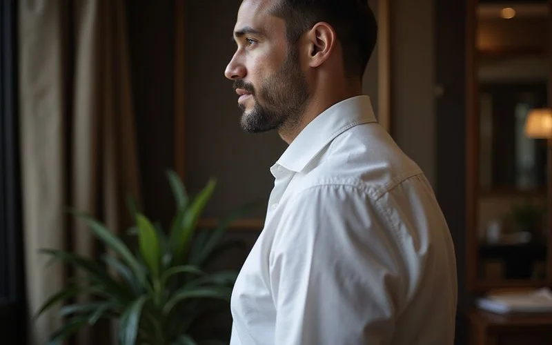 Side view of dress shirt showing proper body fit without billowing
