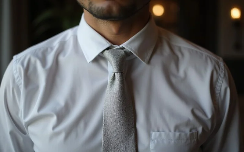 Spread collar dress shirt with windsor knot tie