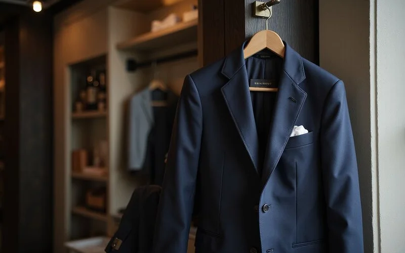 Suit hanging in garment bag for travel protection