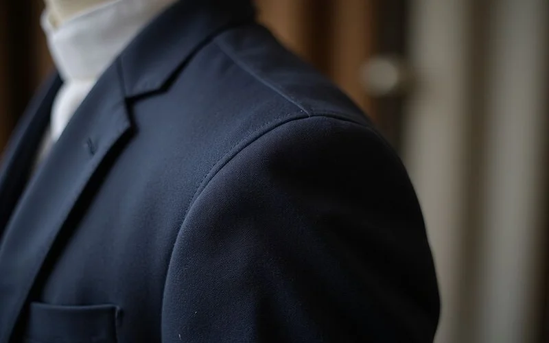 Suit jacket shoulder seam detail showing proper alignment