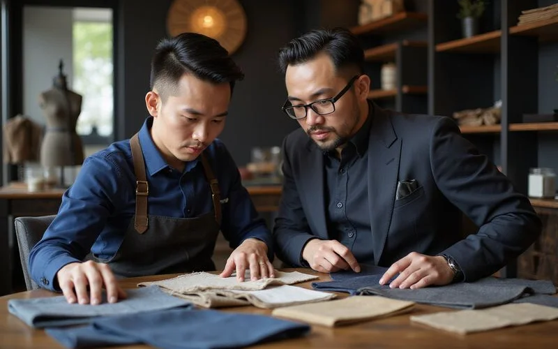 Tailor discussing fabric options with client over fabric swatches