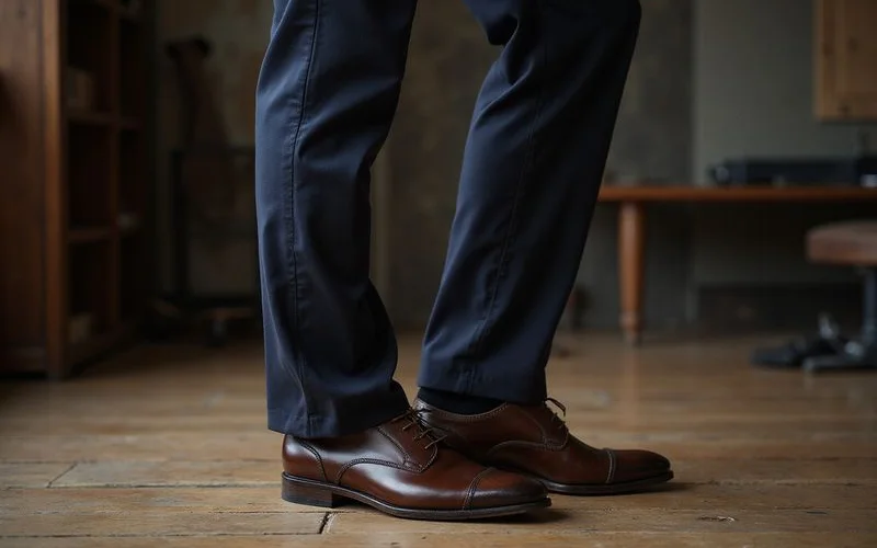 Trouser hem showing half break over dress shoes