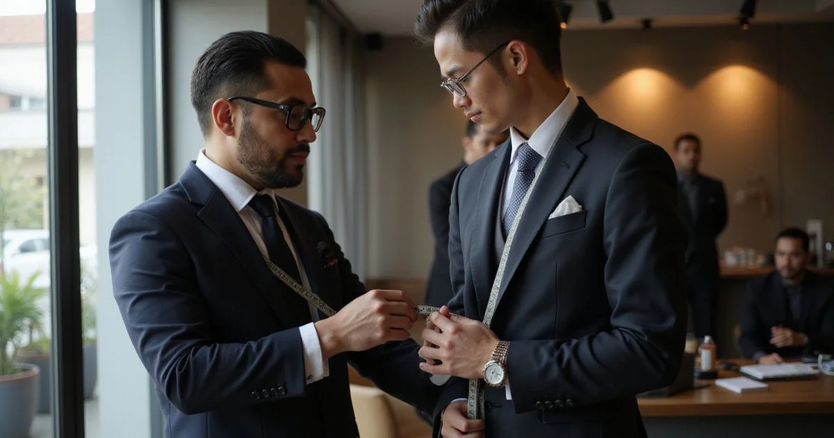 Client consultation for first bespoke suit fitting